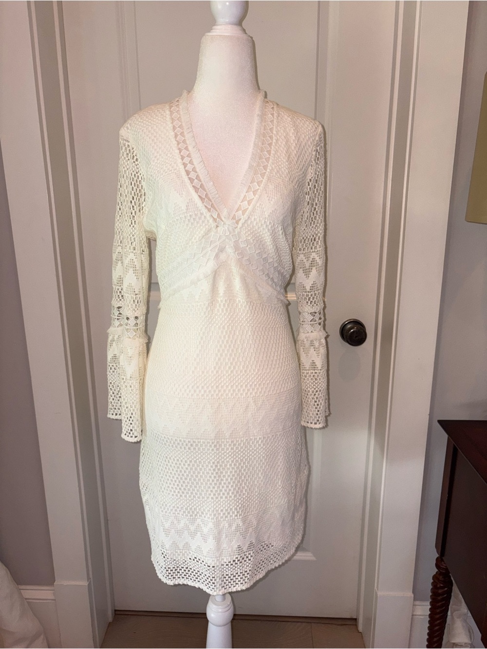 Shoshanna Ivory Crochet V-Neck Long-Sleeve Dress